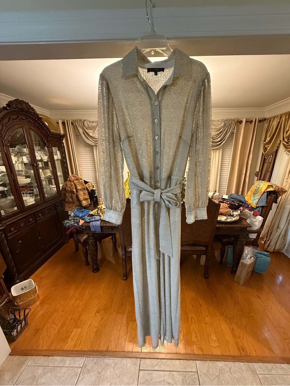 Eloquii Sequin Cream Button-Front Tie-Waist Long Jumpsuit